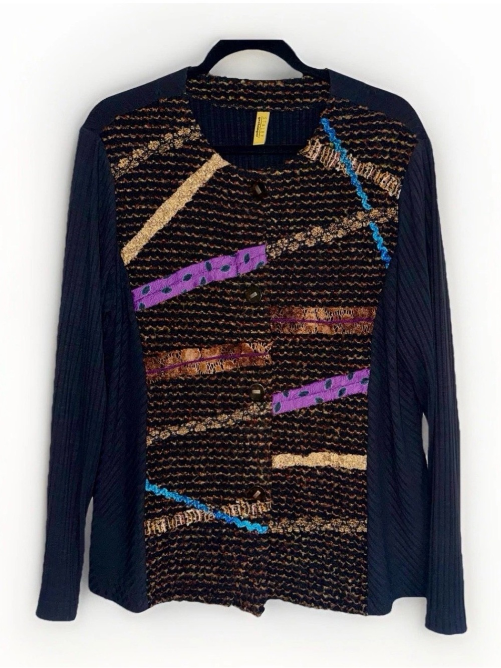 Vintage STALEY GRETZINGER Art To Wear Artsy Knit Multi Ribbon Ribbed Cardigan M